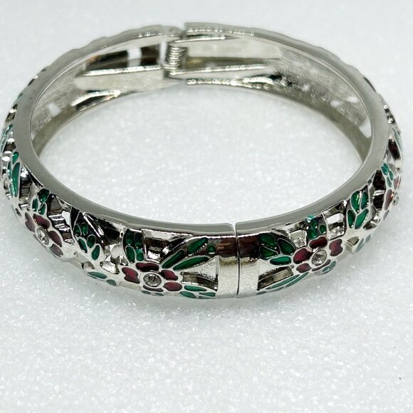 Hinged Bangle Bracelet w Green & Red Enamel Floral Accents & Clear Crystals - Picture 6 of 7